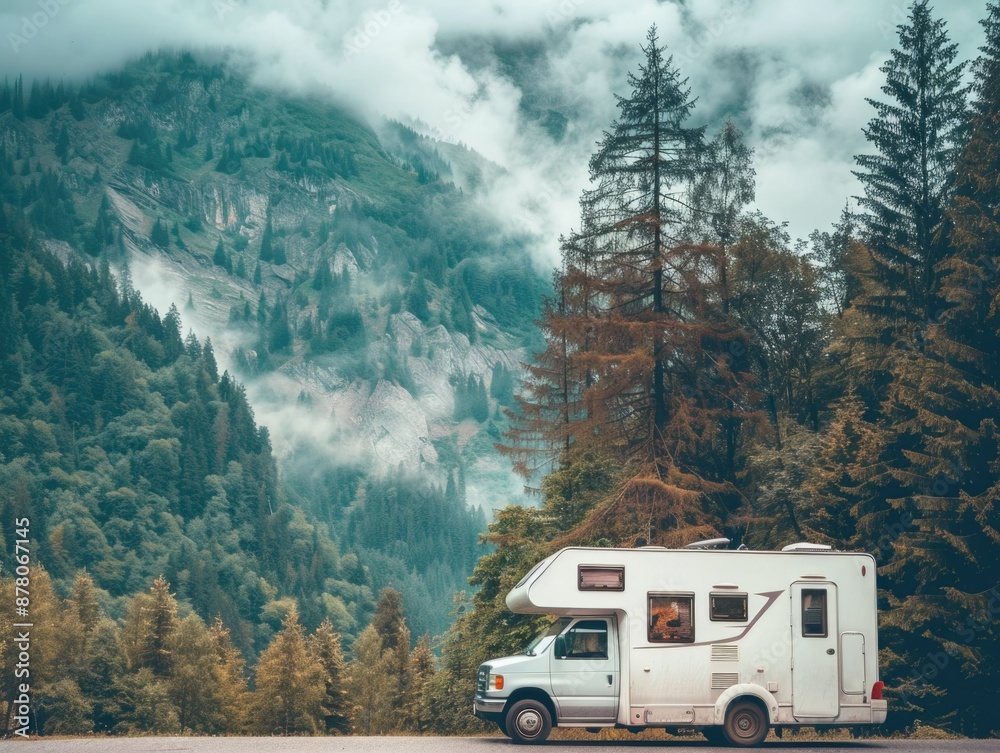 A panoramic view of an rv parked against a stunning mountain range backdrop and surrounded by a lush green forest, creating a serene and peaceful scene immersed in nature's beauty. A panoramic view of an rv parked against a stunning mountain range backdrop and surrounded by a lush green forest, creating a serene and peaceful scene immersed in nature's beauty.