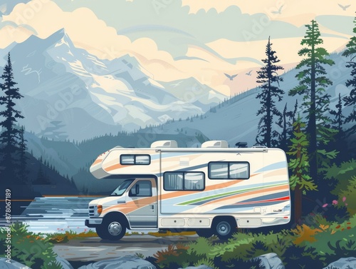 A panoramic view of an rv parked against a stunning mountain range backdrop and surrounded by a lush green forest, creating a serene and peaceful scene immersed in nature's beauty.