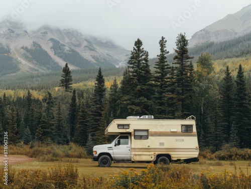 A panoramic view of an rv parked against a stunning mountain range backdrop and surrounded by a lush green forest, creating a serene and peaceful scene immersed in nature's beauty.