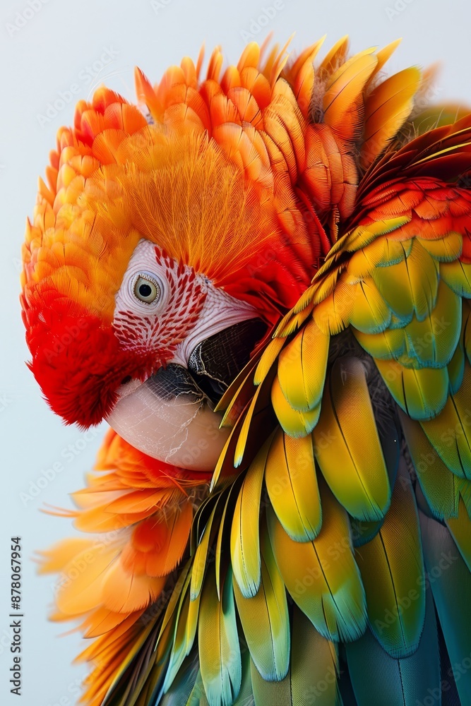 Obraz premium A tight shot of a vivid parrot's head, adorned with feathers, against a backdrop of a blue sky