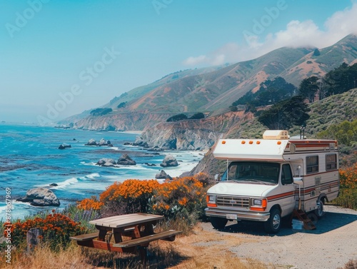 A cozy recreational vehicle parked at a serene picnic spot with a breathtaking view of the ocean and majestic mountains in the background, offering the perfect getaway for nature lovers and travelers.