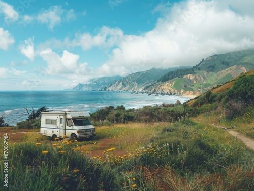 A cozy recreational vehicle parked at a serene picnic spot with a breathtaking view of the ocean and majestic mountains in the background, offering the perfect getaway for nature lovers and travelers.