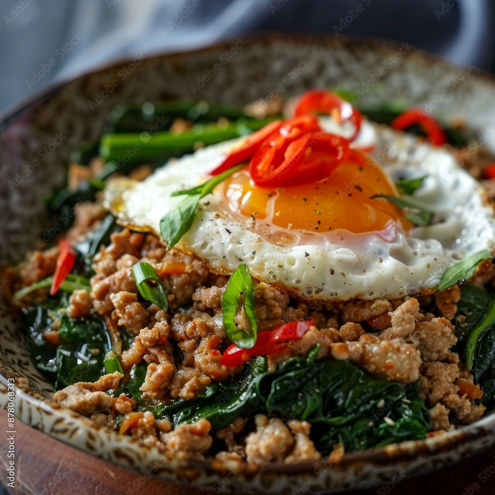 Stir-fried meat with basil and fried egg on rice a popular Thai dish, generative ai Stir-fried meat with basil and fried egg on rice a popular Thai dish, generative ai