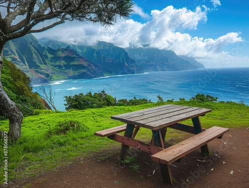 A cozy recreational vehicle parked at a serene picnic spot with a breathtaking view of the ocean and majestic mountains in the background, offering the perfect getaway for nature lovers and travelers.