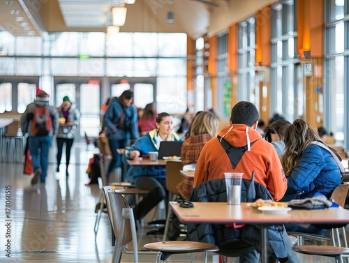A diverse group of high school students, both boys and girls, are seated at different tables in a busy school cafeteria, enjoying their meals, chatting, and laughing with each other during lunchtime.