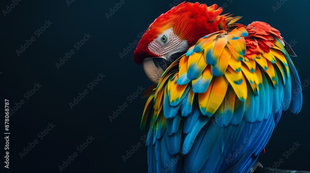 Fototapeta premium A vibrant parrot perched on a tree branch, gazing sideways
