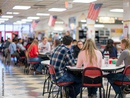 A diverse group of high school students, both boys and girls, are seated at different tables in a busy school cafeteria, enjoying their meals, chatting, and laughing with each other during lunchtime.