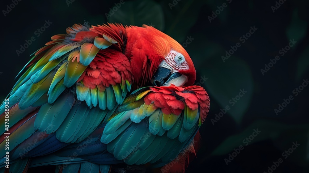 Fototapeta premium A tight shot of a vibrant bird perched on a leafy branch against a backdrop of green foliage, with a solid black background