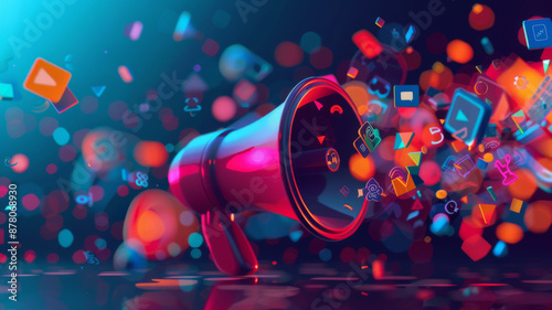 Vibrant  megaphone various marketing buzzwords like SEO social media  public relations Concept Marketing Trends