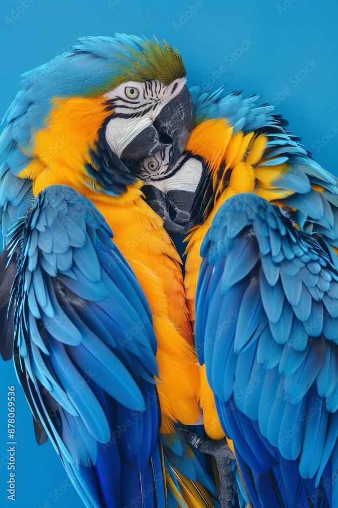 Obraz premium Two parrots, one blue and the other yellow, sit adjacent on a blue and white platform against a blue backdrop