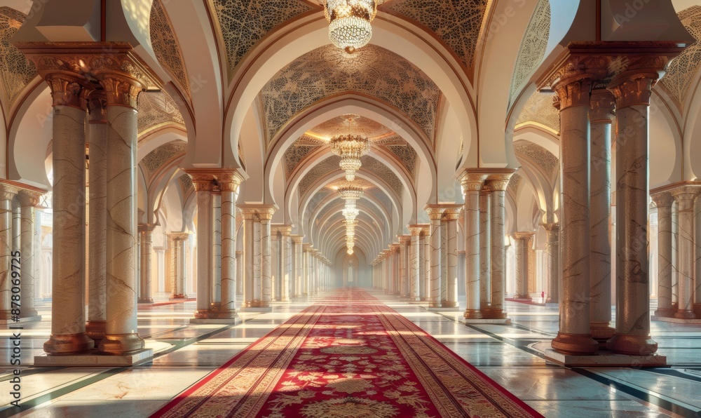 Obraz premium Exquisite interior of a grand palace or mosque featuring ornate, towering columns adorned with intricate designs, illuminated by soft ambient light