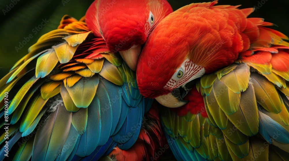 Obraz premium A tight shot of a vibrant parrot resting its head on another parrot's back, with closed eyes