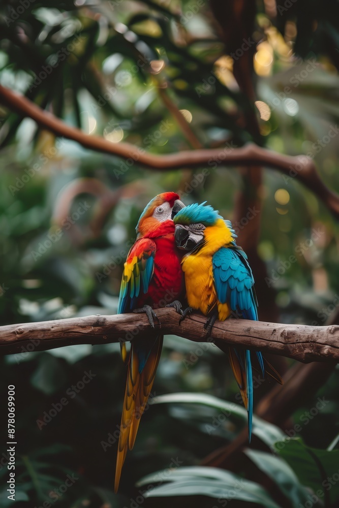 Vibrant birds perch on a tree branch against a backdrop of lush, green forest teeming with trees Vibrant birds perch on a tree branch against a backdrop of lush, green forest teeming with trees