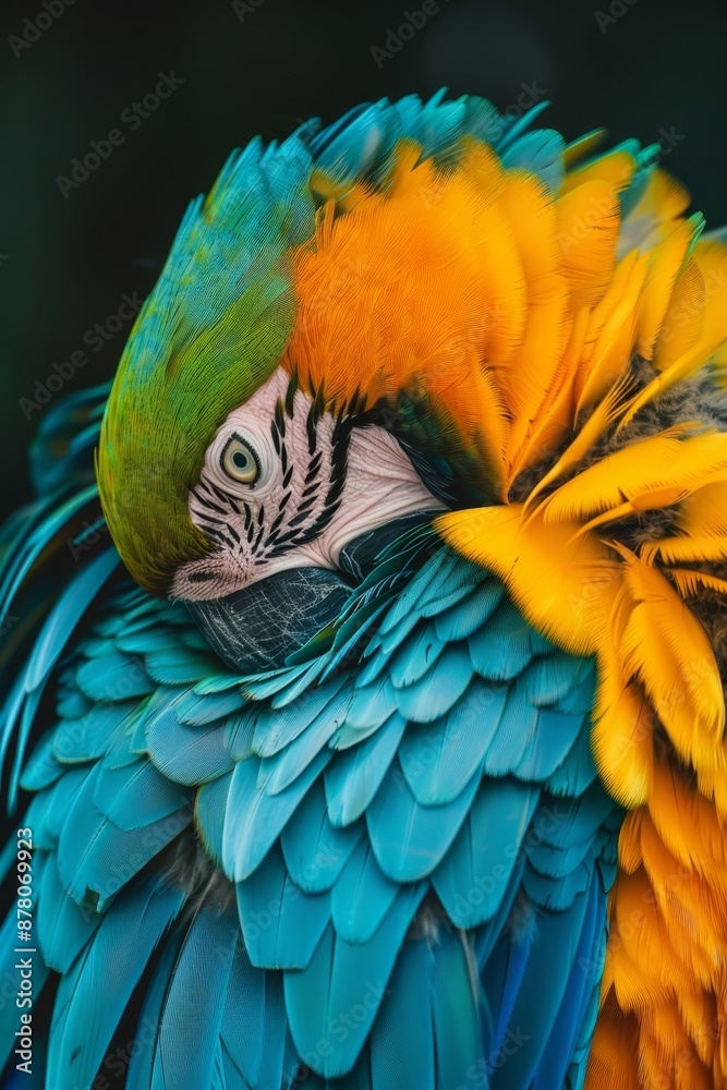 Fototapeta premium A tight shot of a multi-colored bird with a black and white stripe adorning its chest and head