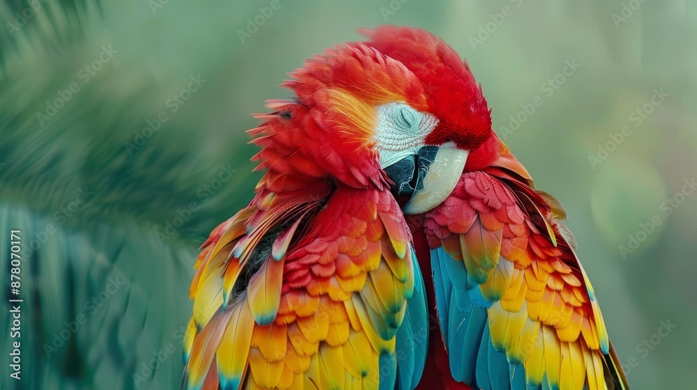 Fototapeta premium A tight shot of a vibrant bird perched on a branch against a softly blurred backdrop of palm trees