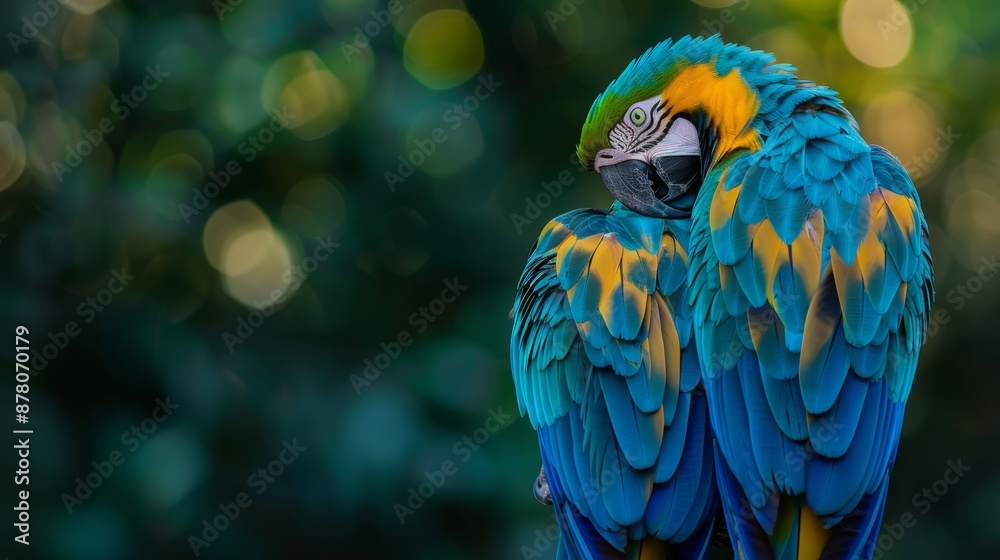 Obraz premium A tight shot of a vibrant blue-and-yellow parrot perched on a branch against slightly blurred background trees