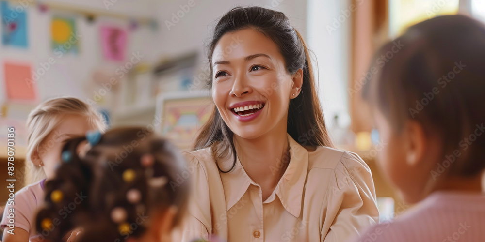  Erzieherin sitzt mit Kindern im Kindergarten Stock Photo 