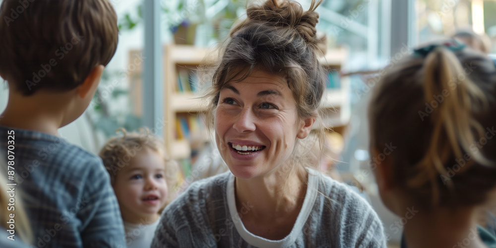 Erzieherin sitzt mit Kindern im Kindergarten Erzieherin sitzt mit Kindern im Kindergarten
