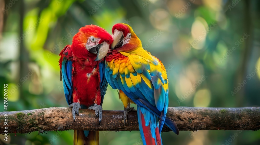 A few vibrant birds atop a tree branch against a backdrop of a dense, verdant forest teeming with lush green leaves A few vibrant birds atop a tree branch against a backdrop of a dense, verdant forest teeming with lush green leaves