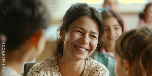 Erzieherin sitzt mit Kindern im Kindergarten