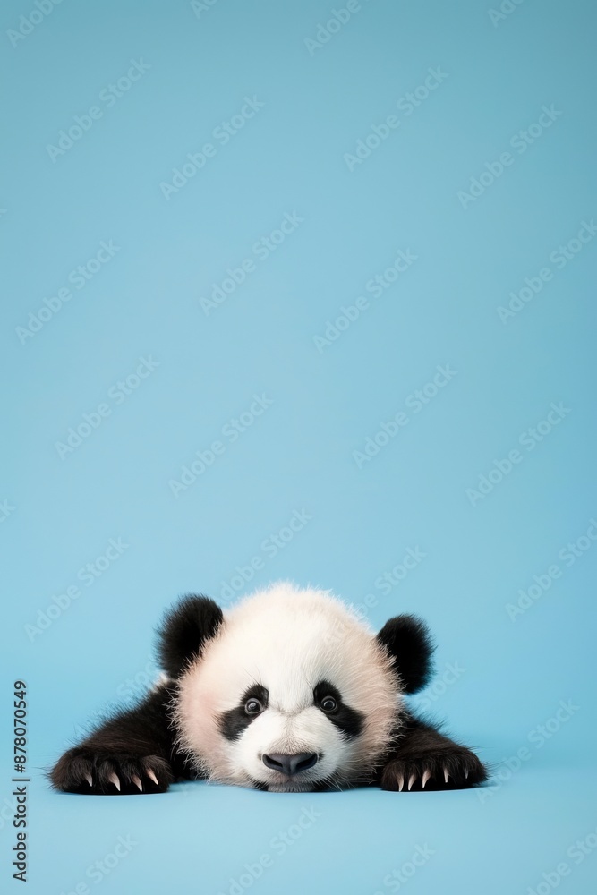  A black-and-white panda lies on its side against a blue backdrop, its head touching the ground