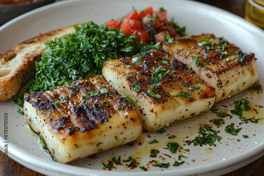 A plate of roasted bone marrow, served with a side of parsley salad and toasted bread. A plate of roasted bone marrow, served with a side of parsley salad and toasted bread.