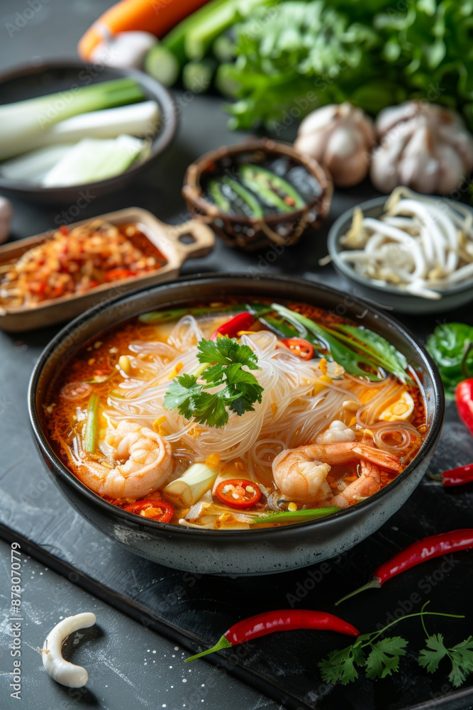 Asian noodle soup with shrimp, generative ai Asian noodle soup with shrimp, generative ai