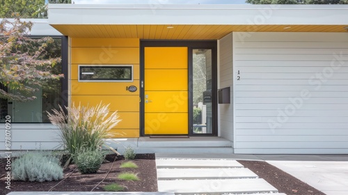 Modern ranch with a simplistic, clean design that features a bright, inviting yellow front door photo