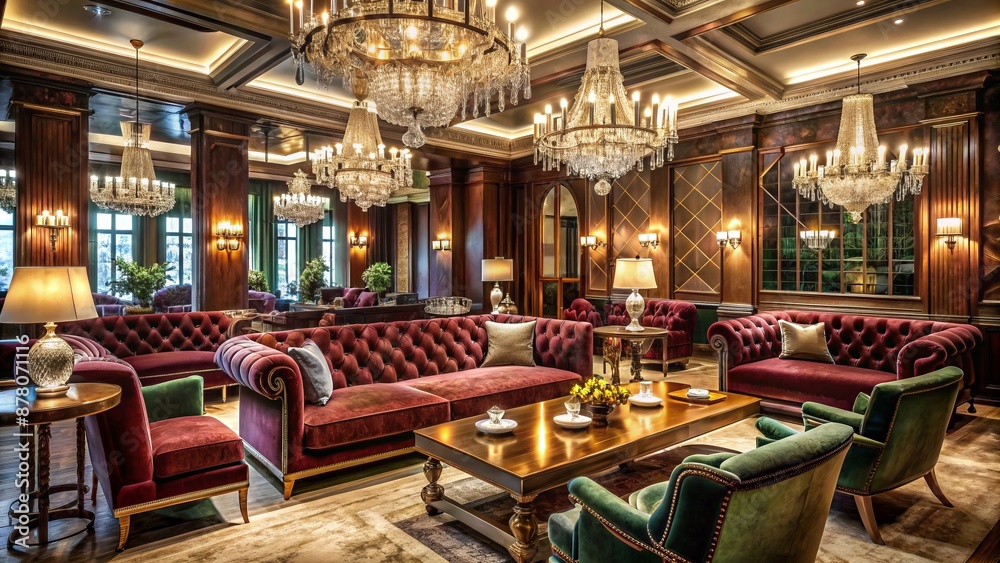 Fototapeta premium Opulent velvet sofas, crystal chandeliers, and rich wood accents create an extravagant atmosphere in an upscale, elegantly lit cocktail lounge.