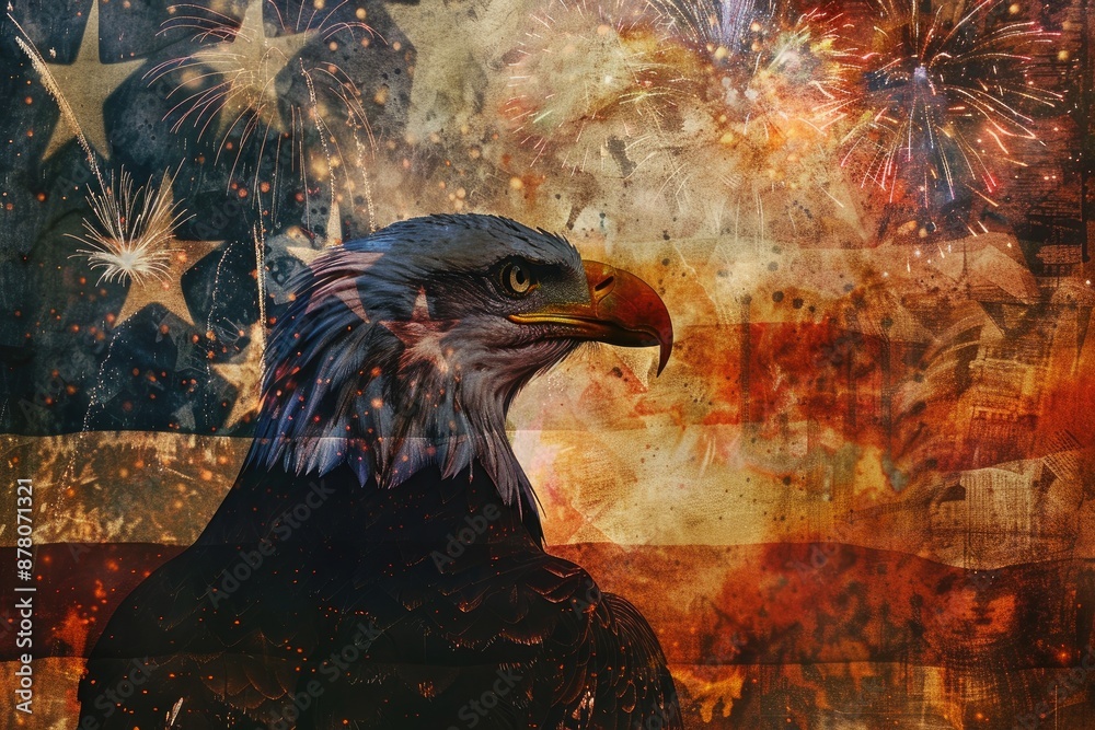 Fototapeta premium Majestic Double Exposure: Bald Eagle Silhouette with American Flag and Fireworks