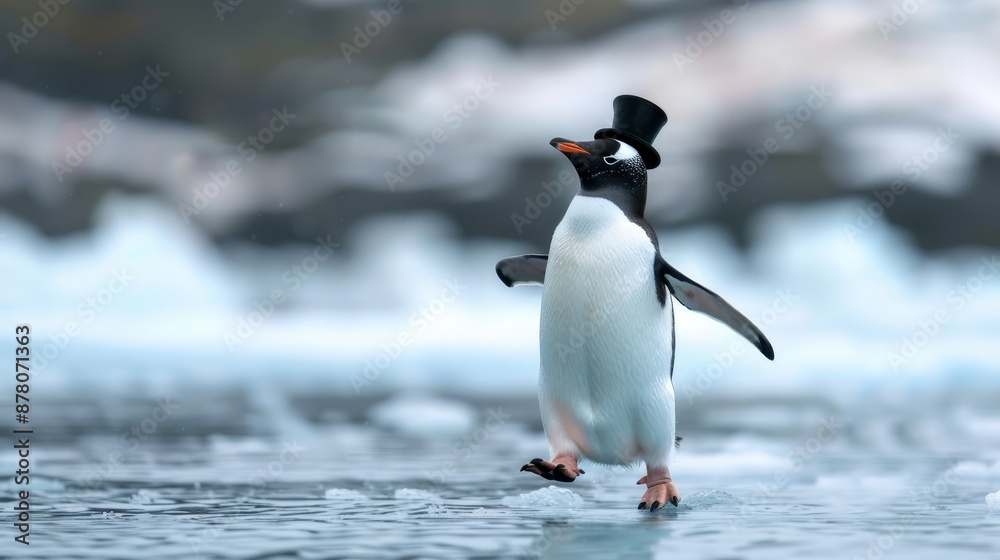 Fototapeta premium A penguin wading through water, head tilted back, giving an illusion of emerging from it