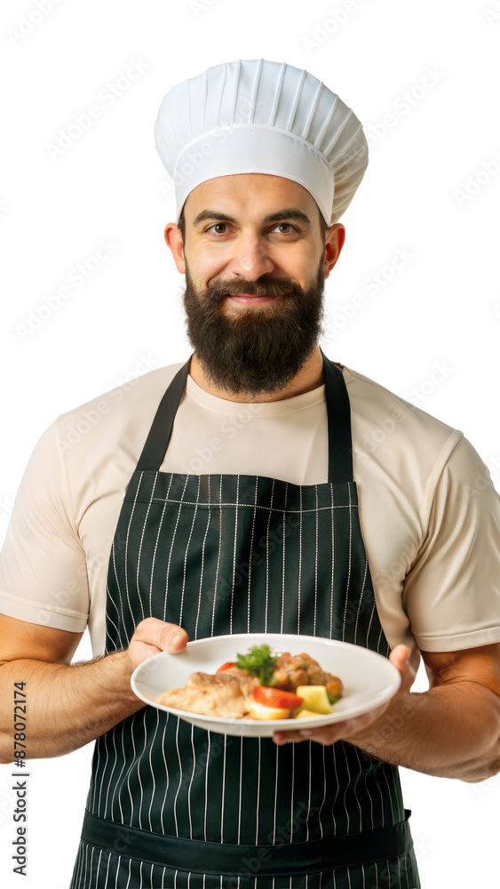 Smiling Chef Holding A Dish With Fresh Meal Smiling Chef Holding A Dish With Fresh Meal