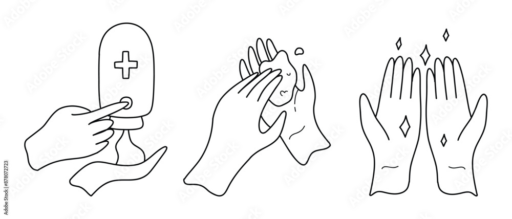 Fototapeta premium Clean your hands with alcohol gel. Killing virus. Hands used for touching will transmit the virus. Corona virus concept. washing hands with antibacterial hand sanitizer, sanitizer gel symbol
