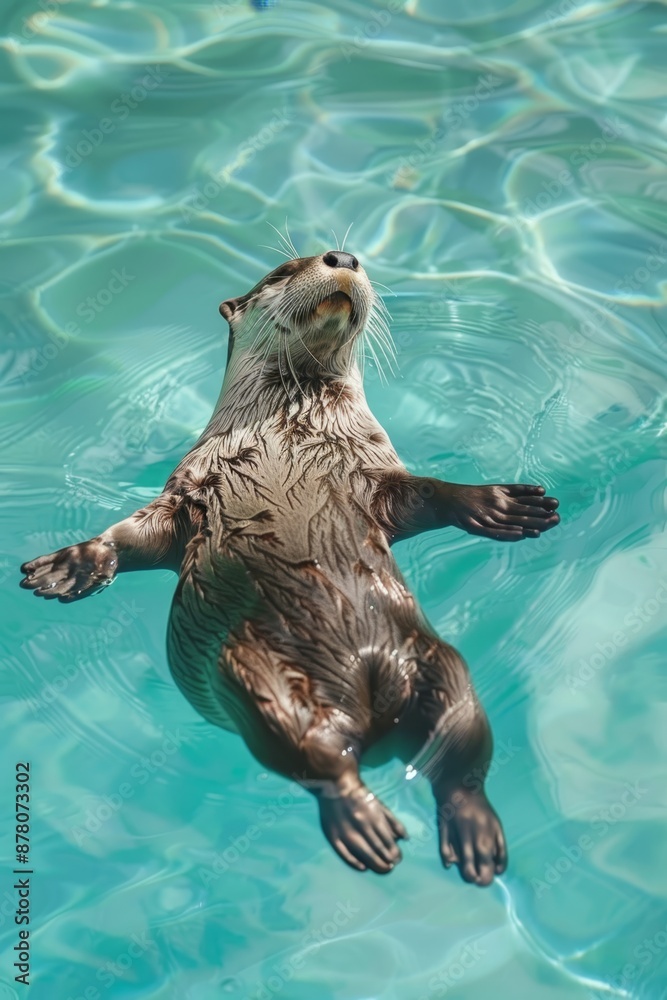 Obraz premium A sea otter floats in a pool of water, paws up at the surface