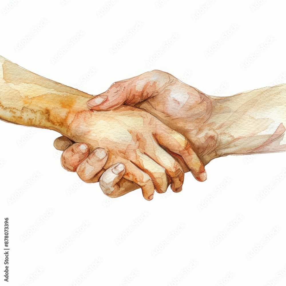 Fototapeta premium A watercolor illustration of two hands shaking, symbolizing agreement, partnership, and cooperation, with a soft, artistic touch