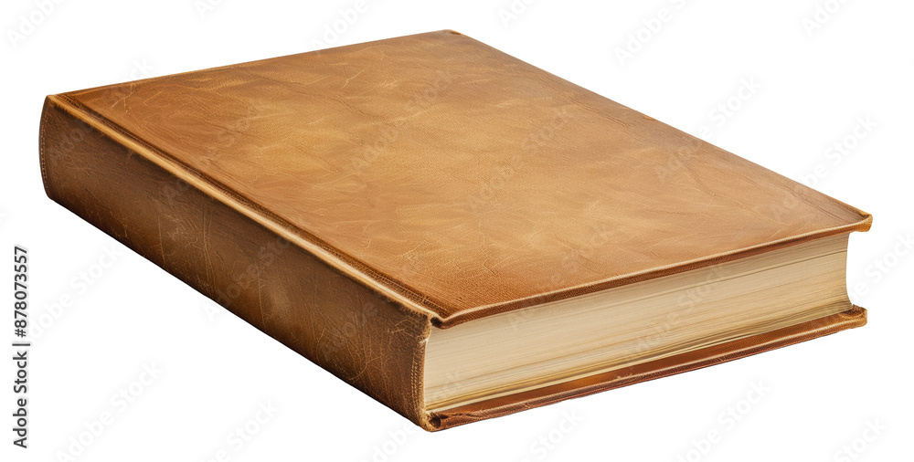 A closed brown leather bound book with yellowed pages, cut out - stock png. A closed brown leather bound book with yellowed pages, cut out - stock png.