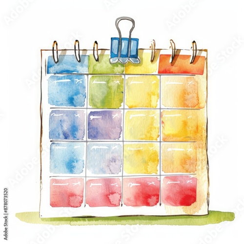 A watercolor illustration of a colorful calendar with a binder clip at the top, showcasing a rainbow of hues across its days