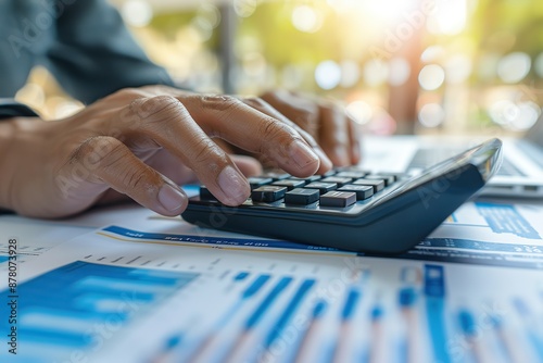 Man pressing calculator close up. Desk with diagram, graph, finance. Investment, accounting, calculating tax, corporate financial company report. Person checking bills, bank account balance, expenses