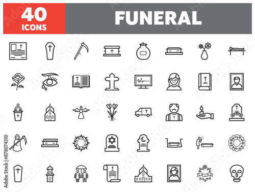 Set of 40 line icons funeral. Outline icon collection. Editable stroke. Vector illustration.