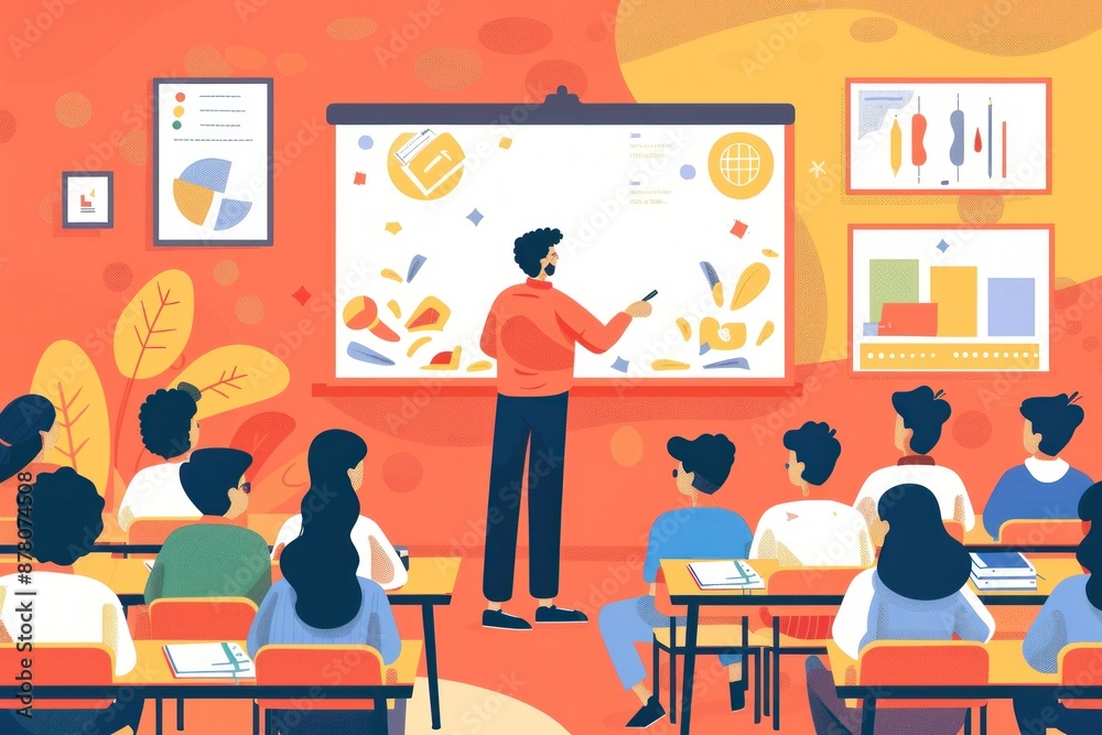 Flat design illustration of a teacher conducting a class in a modern classroom. The teacher is shown standing at the front of the class, engaging students with a lesson on a whiteboard. The classroom Flat design illustration of a teacher conducting a class in a modern classroom. The teacher is shown standing at the front of the class, engaging students with a lesson on a whiteboard. The classroom