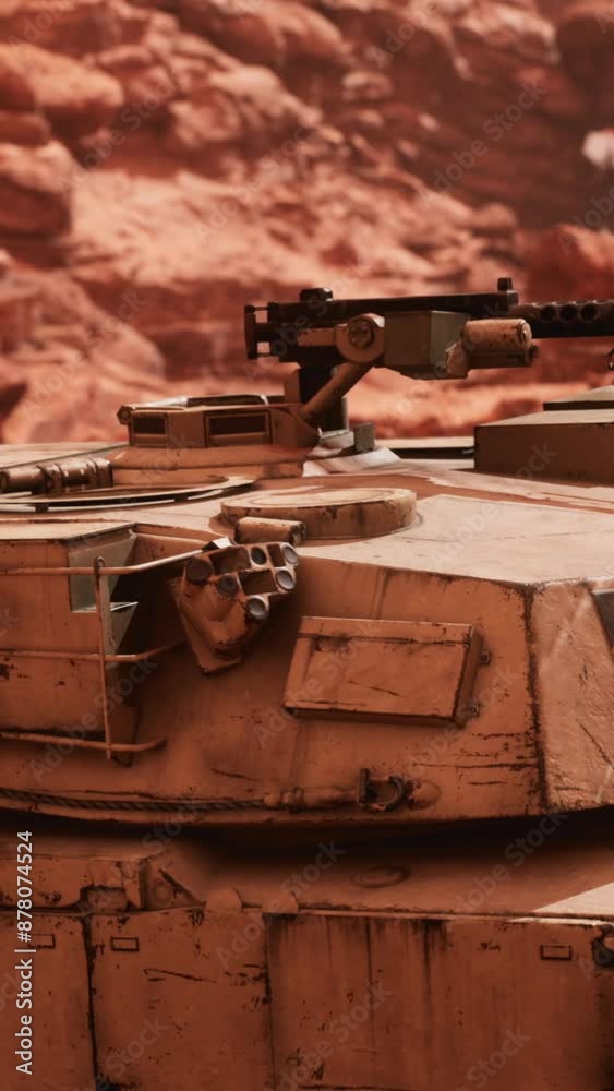 A tank is parked on top of a vibrant red rock in a rocky desert landscape. A tank is parked on top of a vibrant red rock in a rocky desert landscape.