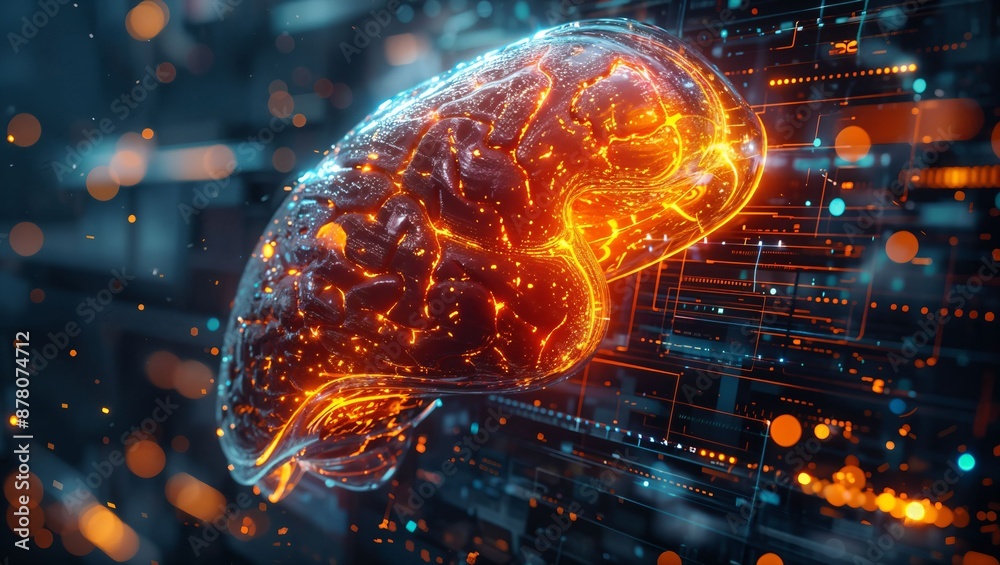 A digital rendering of a brain illuminated with bright orange neural pathways, set against a futuristic background with complex circuit board patterns and floating particles. A digital rendering of a brain illuminated with bright orange neural pathways, set against a futuristic background with complex circuit board patterns and floating particles.