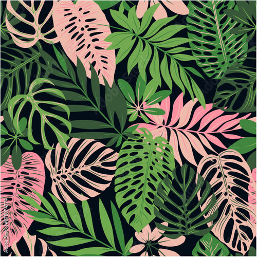 Seamless vector pattern with hand drawn tropical manster leaves photo