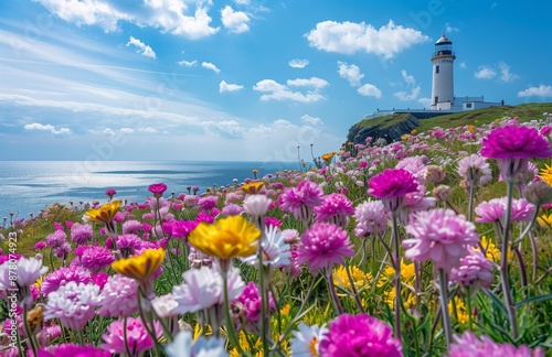 Beautiful spring flowers bloom in front of a lighthouse on God's Recipes Island, creating a picturesque scene photo