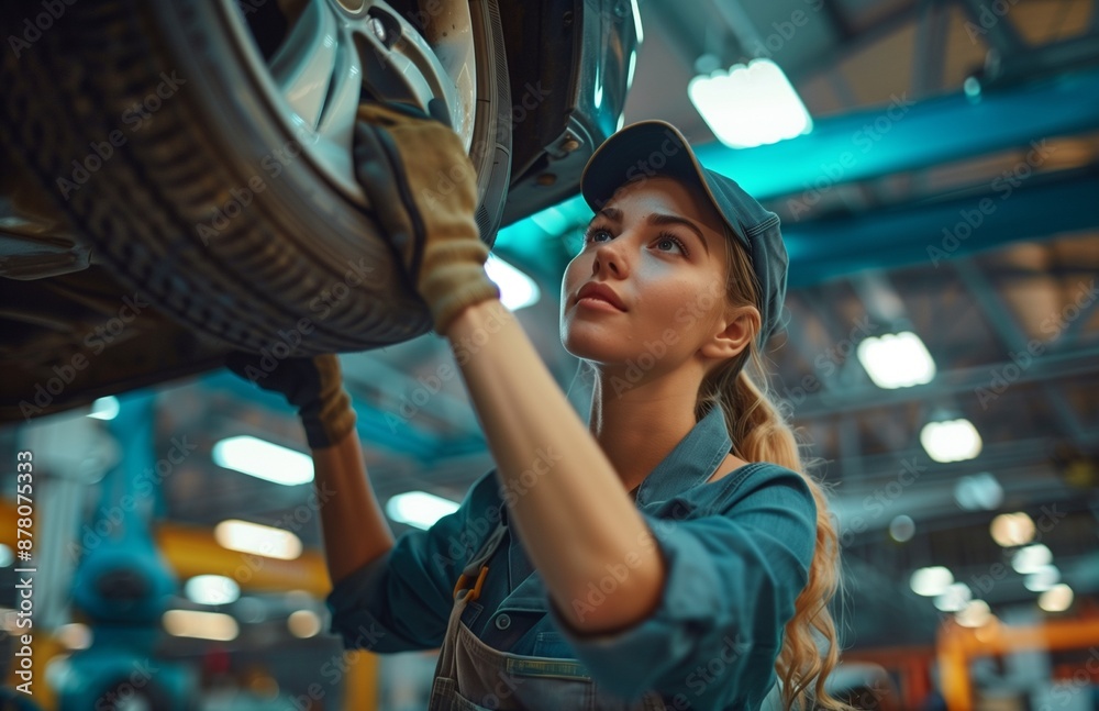Mechanic repairing a vehicle in a workshop while positioned under a hydraulic lift Mechanic repairing a vehicle in a workshop while positioned under a hydraulic lift