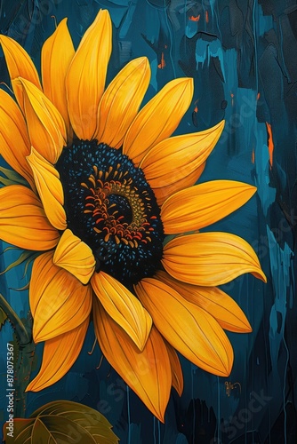 Yellow Sunflower in Blue Abstract Background Painting photo