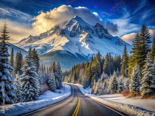 Breathtaking winter landscape featuring a majestic snow-capped mountain, vivid blue sky, and a winding asphalt road that disappears into the serene wilderness. photo