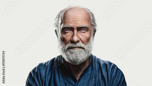 A man with a beard and white hair is looking at the camera, AI