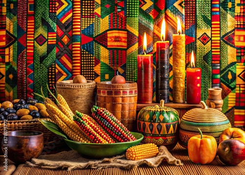 Vibrant African-inspired background featuring colorful kente cloth, rich textiles, and symbolic Kwanzaa elements, such as kinara, corn, and candles, exuding warmth and celebration. photo