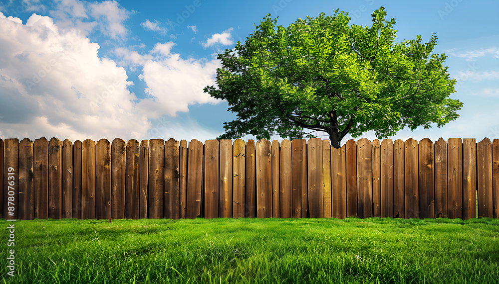 Obraz premium Wooden fence, tree and green grass outdoors